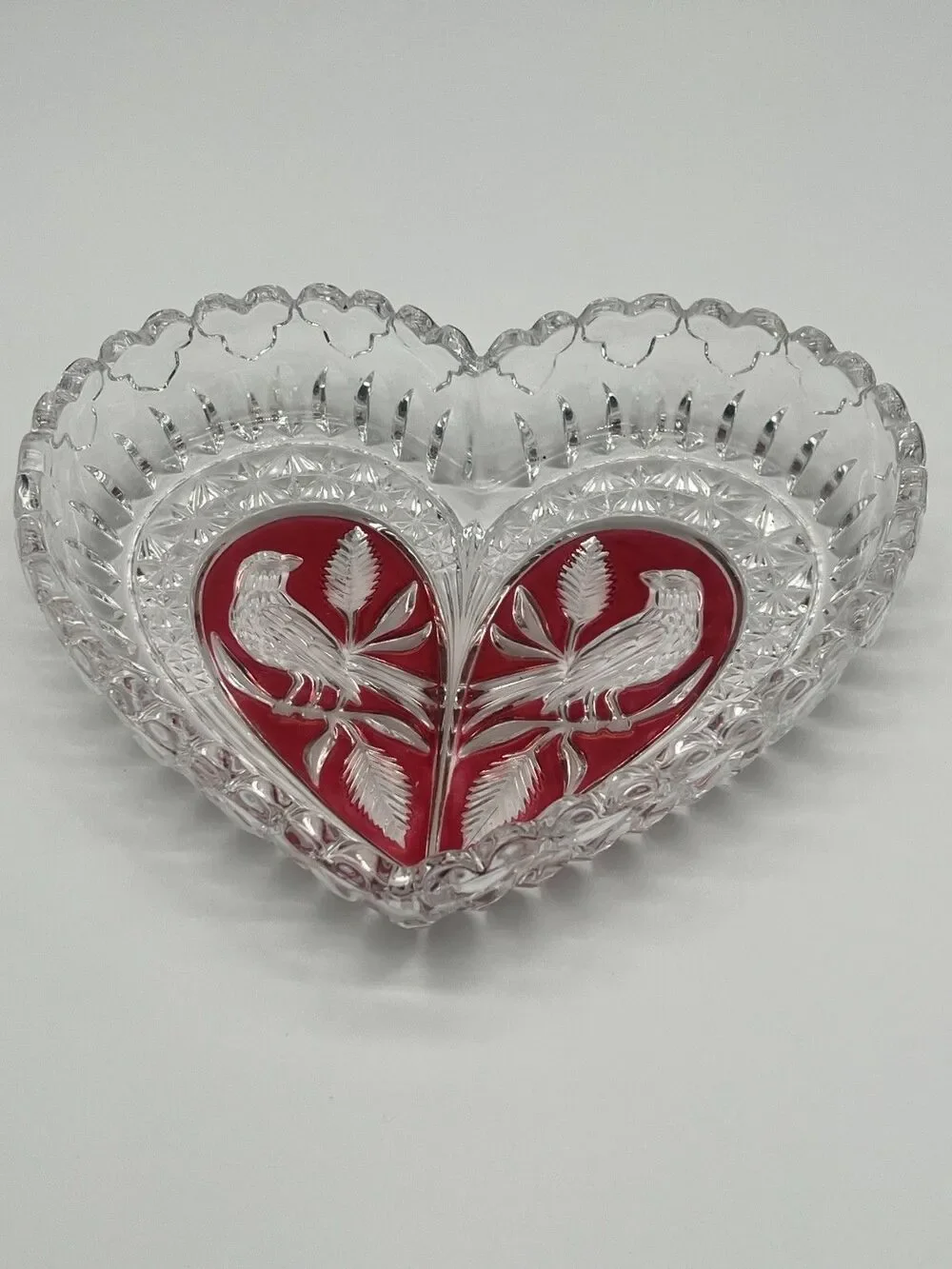 Rare Vintage Hofbauer Ruby‎ Crystal Heart Bird Dish